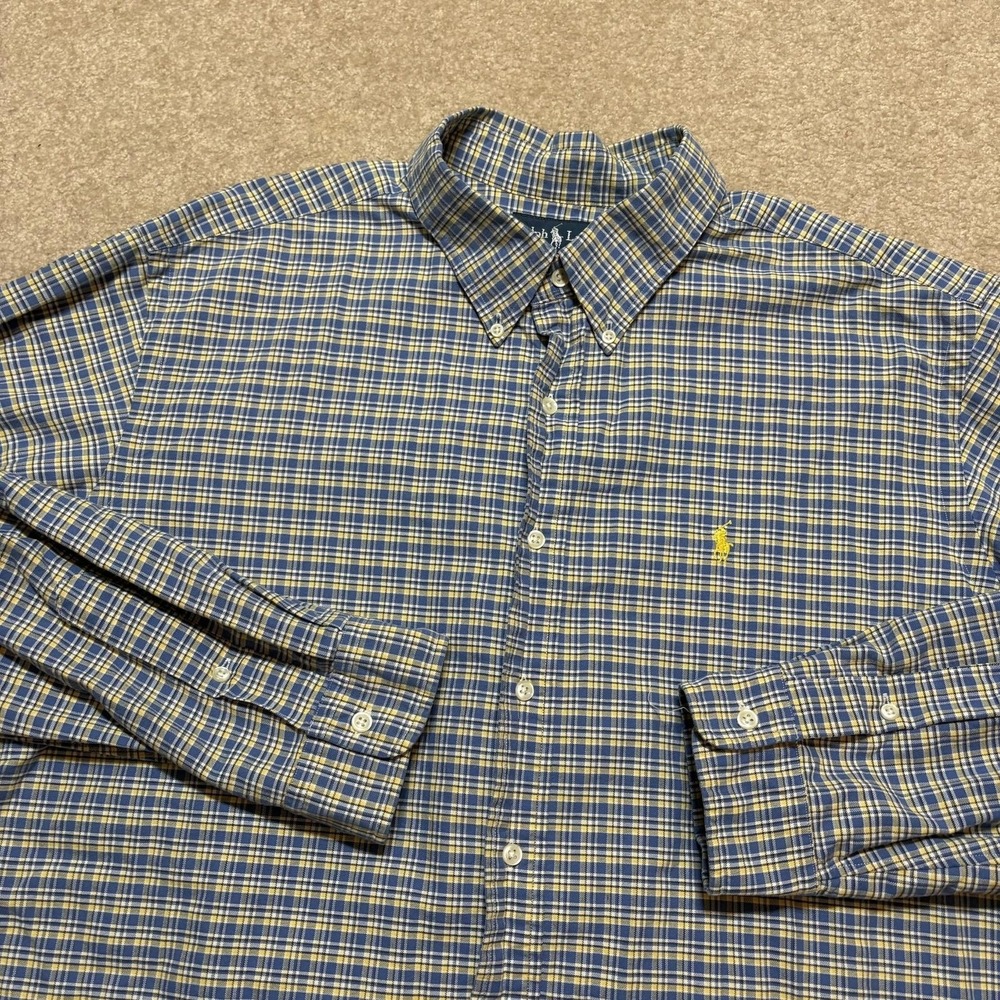 Vtg Ralph Lauren Shirt‎ Mens 2XL Blue Yellow Plaid Button Down Classic Fit LS